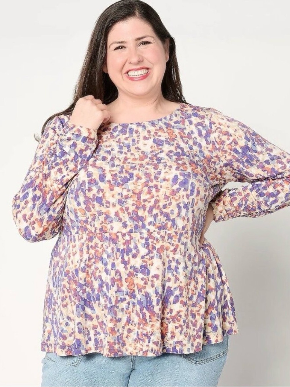 Susan Graver Printed Liquid Knit Bateau Neck Long Sleeve Peplum Top Women 2X NEW